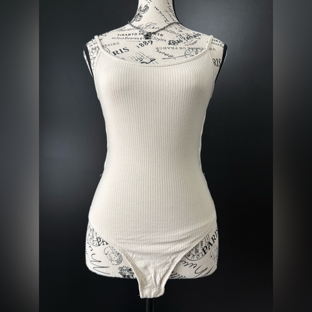 REVAMPED (Urban Planet) Cream ribbed bodysuit with backless tie-detail